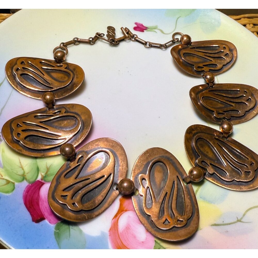 Vintage 60's Modernist Copper Statement Oval Spiral Link Necklace